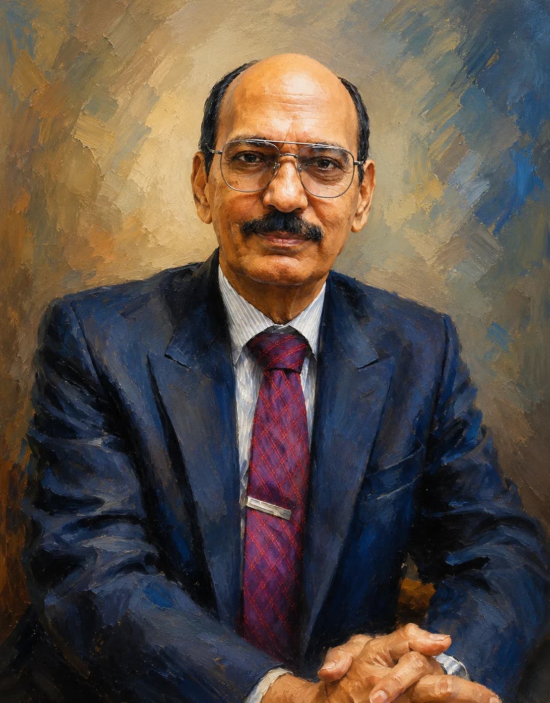 Painted portrait of Prof. Dr. P. Muthusamy in a navy jacket, hands folded.