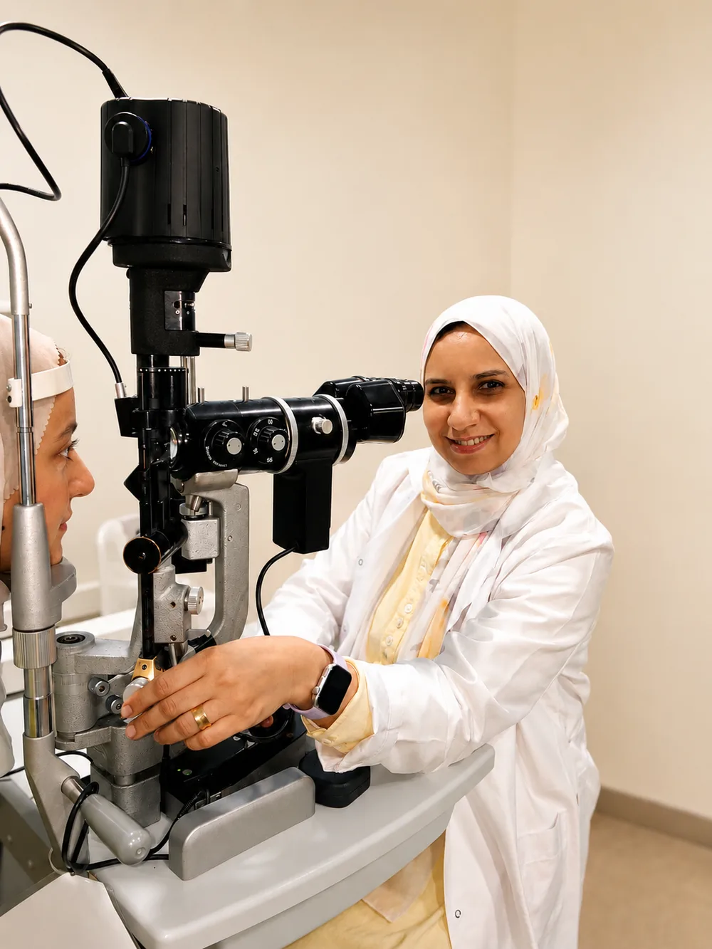 An ophthalmologist positions a slit lamp to examine a patient's eye.